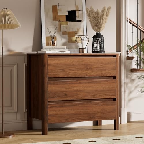 Furniway 31.5" Mid-Century Modern Dresser for Bedroom, 3 Drawer Small Chest of Drawers with Wood Legs, Large Storage Bedroom Dresser, Walnut - Image 6