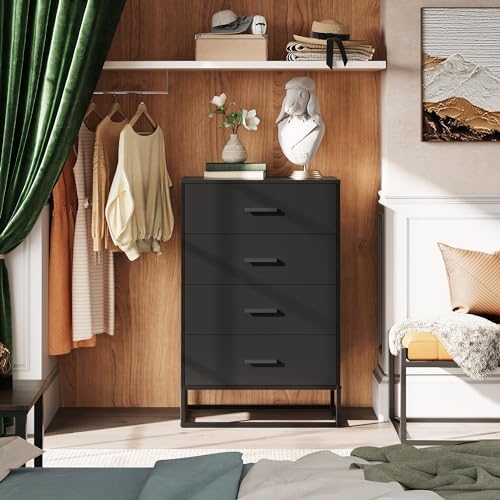 WLIVE Black Dresser for Bedroom with 4 Drawers, Tall Dresser with Sturdy Metal Frame, Wood Chest of Drawers for Closet, Living Room, Hallway - Image 2