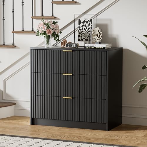 Furniway Black Dresser for Bedroom, Modern Dresser with 3 Drawers and Smooth Slides, Wide Chest of Drawers with Golden Handles for Bedroom, Living Room, Closet, 15.7" D x 31.5" W x 29.6" H - Image 7