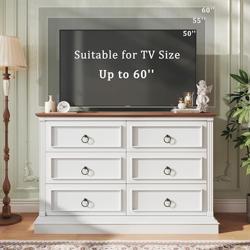 HUAHUU Farmhouse 6 Drawer Dresser for Bedroom, 47" Wide Chest of Drawers with Roman Column, White Wood Dresser with Antique Bronze Circle Handles, Storage Organizer for Living Room, Hallway, Entryway - Image 7
