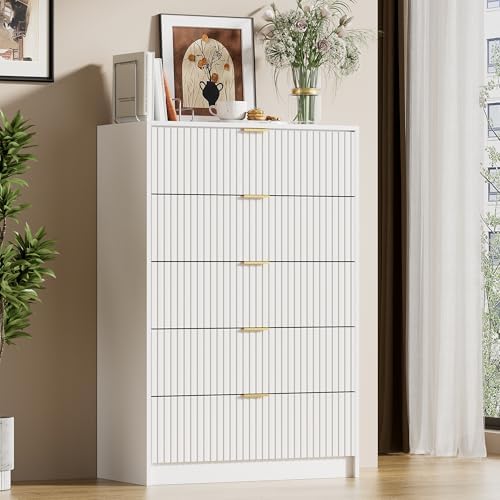 Furniway White Dresser for Bedroom, Modern Dresser with 5 Drawers and Smooth Slides, Wide Chest of Drawers with Golden Handles for Bedroom, Living Room, Closet, 15.7" D x 31.5" W x 47.2" H by Furniway