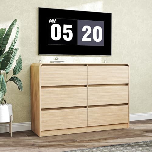 Vibe & Dine 6 Drawer Dresser, Modern Wooden Dressers & Chests of Drawers with Arc Edge Design, 47" Wide Dresser for Closet, Entryway, Bedroom, Natural Wood - Image 6