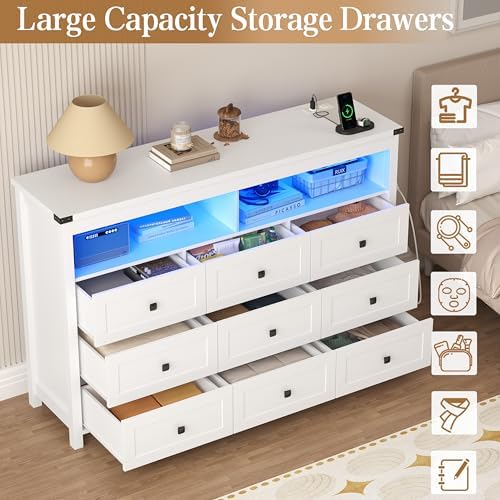 Wodeer 9 Drawer Dresser for Bedroom with LED Lights, Charging Station, Wood Chest of Drawers with Metal Handles, Modern TV Stand & Storage Organizer for Bedroom, Hallway, White - Image 6