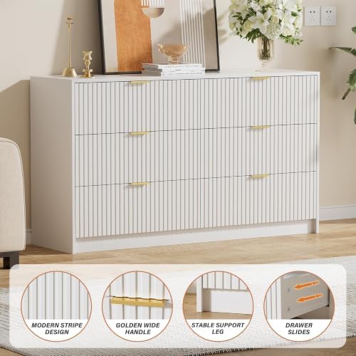 Furniway White Dresser for Bedroom, Modern Dresser with 6 Drawers and Smooth Slides, Wide Chest of Drawers with Golden Handles for Bedroom, Living Room, Closet, 15.7" D x 55.1" W x 31.4" H - Image 3