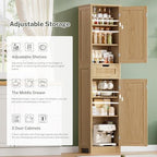 Iwell Tall Narrow Storage Cabinet with 1 Drawer and 2 Doors, Fluted Cabinet with Adjustable Shelves, Rattan Kitchen Cabinet for Bathroom, Living Room, Kitchen, Natural Oak - Image 4
