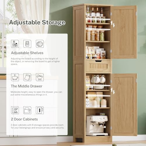 Iwell Tall Narrow Storage Cabinet with 1 Drawer and 2 Doors, Fluted Cabinet with Adjustable Shelves, Rattan Kitchen Cabinet for Bathroom, Living Room, Kitchen, Natural Oak - Image 4