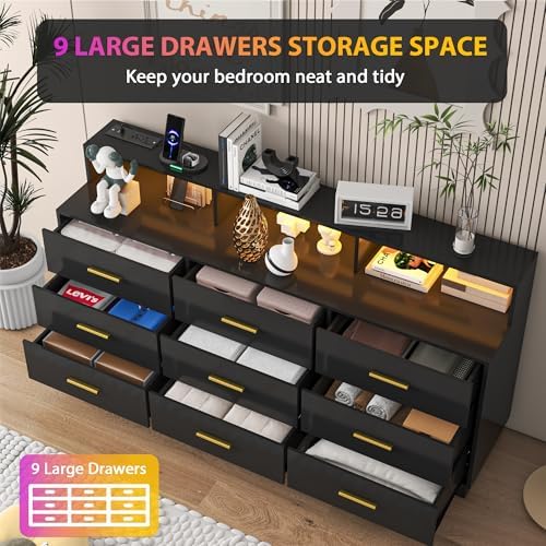 knoworld Black 9 Drawer Dressers for Bedroom, Modern Large Dresser with LED Light and Power Outlet, Wooden Long Dressers, Triple Dresser for Bedroom, Entryway, Hallway - Image 3