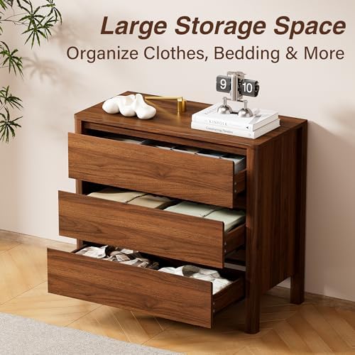 Furniway 31.5" Mid-Century Modern Dresser for Bedroom, 3 Drawer Small Chest of Drawers with Wood Legs, Large Storage Bedroom Dresser, Walnut - Image 4