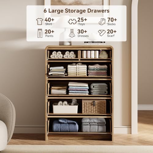 44" Tall 6 Drawers Fluted Dresser for Bedroom, Living Room, Light Walnut - Image 3