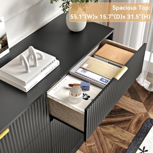 6 Drawers Fluted Dresser for Bedroom, 55" Wide Wooden Dresser with Deep Drawers, Large Floor Chest of Drawers, Modern Long TV Stand, Storage Cabinet Side Table, Black - Image 5
