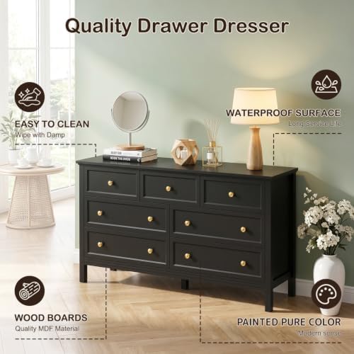 CARPETNAL 55" Black Dresser for Bedroom with 7 Drawers & Modern Gold Handle - Image 6