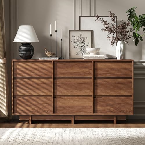 9 Drawer Walnut Dresser for Bedroom,59" Wide Mid Century Modern Dresser - Image 7