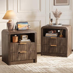 Decofy Fluted 2-Drawer Nightstand Set of 2 with Charging Station, Walnut by Decofy