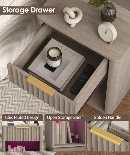 Akxomel Fluted Nightstand Set 2 Bedside Table with Charging Station Greige - Image 5