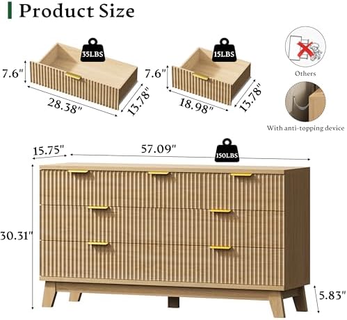 Xixini Fluted Dresser with 7 Drawers, 58" Wide Modern Chest of Drawers with Metal Handle, Wooden Dresser TV Stand, Wood Closet Clothes Storage Organizer for Bedroom, Living Room, Hallway, Natural Oak - Image 2