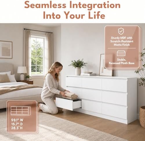 White 9 Drawer Dresser for Bedroom,Modern 59'' Long Dresser with Deep Drawer,Wood Storage Chest of Drawers for Bedroom Living Room,Closet - Image 5