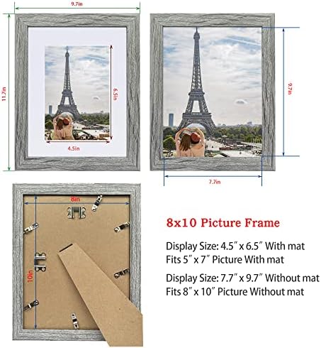 Hongkee 8x10 Picture Frame Set of 4, Made of Real Glass and Grey Wooden Frame, 8 by 10 Photo for Wall or Tabletop - Display Picture 5x7 with Mat or 8x10 Without Mat - Image 2
