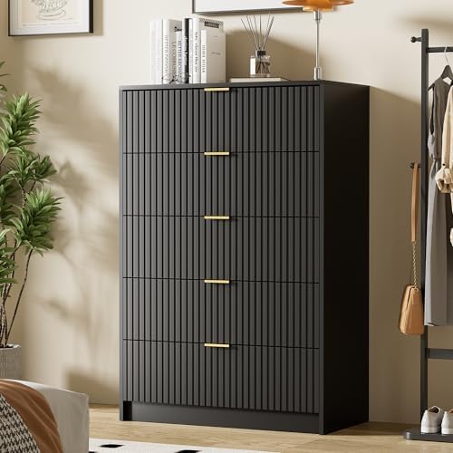 Furniway Black Dresser for Bedroom, Modern Dresser with 5 Drawers and Smooth Slides, Wide Chest of Drawers with Golden Handles for Bedroom, Living Room, Closet, 15.7" D x 31.5" W x 47.2" H - Image 4
