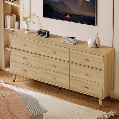 Chrangmay 9 Drawer Dresser,47" Wide Mid Century Modern Chest of Drawers,Wooden Bedroom Drawer Dresser with 9 Storage Drawers for Bedroom, Living Room,with Anti-Tipping Device,Yellow - Image 6