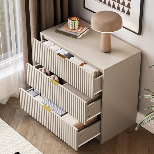 MAISONARIA Fluted Dresser for Bedroom, 32 Inch Wide Nightstand with Large Drawer, 3 Drawer End Table for Bedroom, Living Rooms, Offices, and Entryways, Beige - Image 3