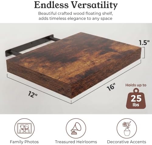 16" Rustic Brown Floating Shelves 12inch Deep Wall Shelf, Set of 2 - Image 2