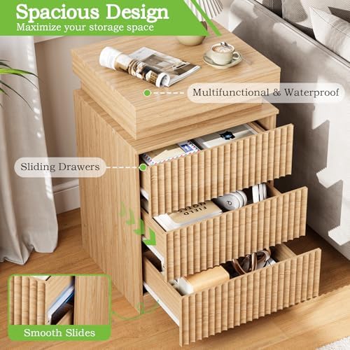 Fluted LED Night Stand with Charging Station, Natural Oak - Image 5
