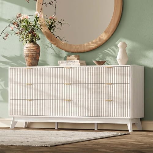 63" Wide Fluted 9 Drawers Dresser for Bedroom,Curved Edge,White by TROJMHome