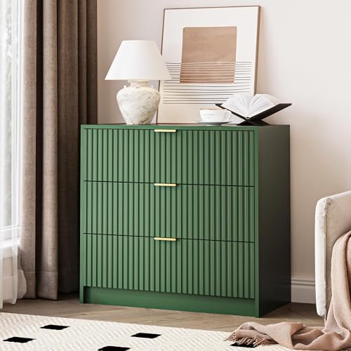 MAISONARIA Green Fluted Dresser for Bedroom, 32 Inch Wide Nightstand with Large Drawer, 3 Drawer End Table for Bedroom, Living Rooms, Offices, and Entryways by MAISONARIA