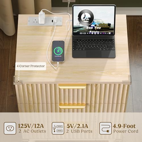 3 Drawers Nightstands Set of 2 w/Charging Station, Modern Fluted Dresser - Image 4
