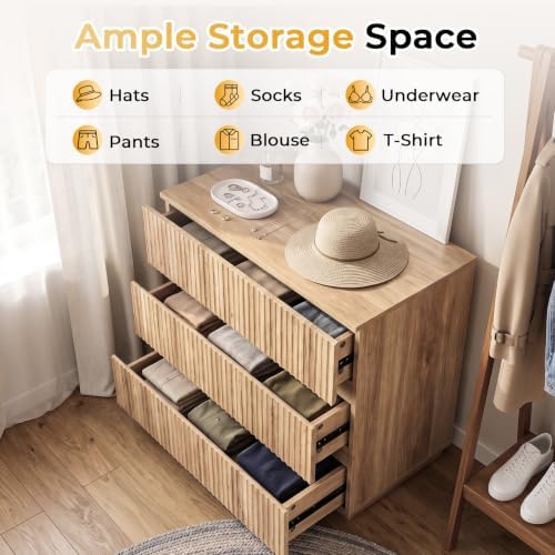 Karl home Natural Oak 3 Drawer Fluted Nightstand, Modern Storage Chest - Image 5
