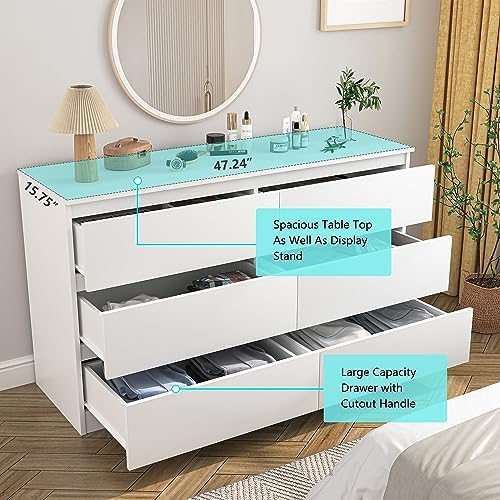 Vibe & Dine White Dresser 6 Drawer, Modern Double Dresser for Bedroom, Wood Chest of Drawers with Wide Storage for Living Room - Image 5