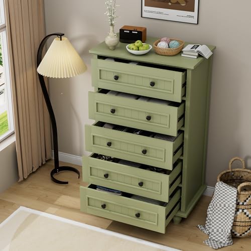 42.7'' Tall 5 Drawer Dresser for Bedroom, Vintage Green Wood Storage Chest - Image 4