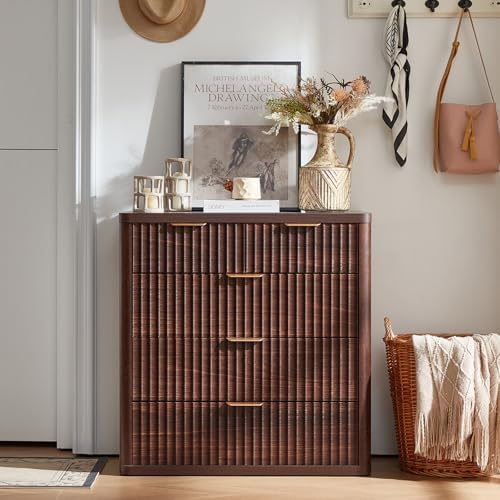 LEYAOYAO Fluted 5 Drawers Dresser for Bedroom Set of 2, 34" Tall Modern Chest of Drawers with Metal Handle, Curved Profile Design,Walnut Wood Drawer Organizer for Bedroom, Living Room, Hallway - Image 3