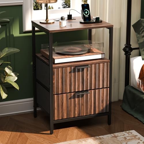 VINGLI Walnut Nightstand with Charging Station and Fabric Drawers, Fluted Nightstand with Drawers, Bedside Table/End Table with Charger Station, Side Table Bedroom, Small Night Stand Dark Walnut by VINGLI