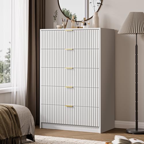 MAISONARIA 5 Drawer Dresser for Bedroom, Tall Dresser Chest of Drawers with Gold Handles, 32 Inch Wide Nightstand with for Bedroom, Living Rooms, Offices, and Entryways, White - Image 6
