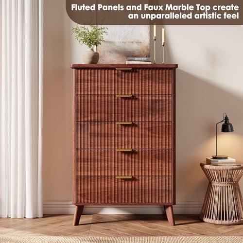 GarveeHome Fluted Dresser for Bedroom with 5 Deep Drawers, Walnut - Image 4