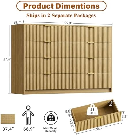 Furniway Mid Century Modern Dresser for Bedroom, 8 Drawer Wood Dresser with Fluted Front, 55" Wide Chest of Drawers for Closet, Living Room, Hallway, Natural Oak - Image 2
