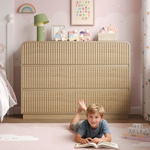 BORNOON Dresser for Bedroom with 6 Drawers, Fluted Chest of Drawers with Round Curved Corner, Hidden Handles, Modern Wood Storage Organizer for Bedroom, Nursery, Living Room - Image 7