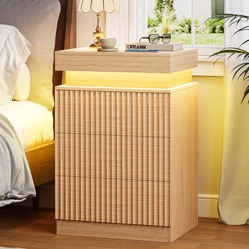 Fluted LED Night Stand with Charging Station, Natural Oak by yesasin