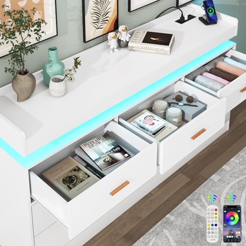 Hlivelood 7 Drawer Dresser with LED Light and Charging Station, Modern Chest of Drawers for Closet, Wide Drawer Organizer Cabinet for Bedroom, Living Room, Entryway, Hallway, White - Image 3
