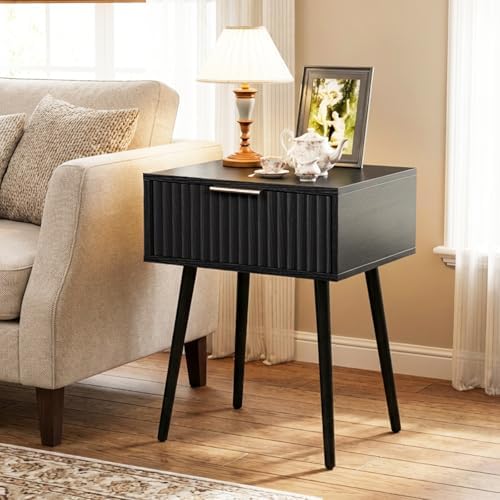 VINGLI Fluted Nightstand with Drawer, 19" W Mid Century Modern Nightstand for Bedroom, Bedside Table, End Tables Bedroom, Wood Night Stand, Black, 18.9" W*14.96" D*24" H - Image 7