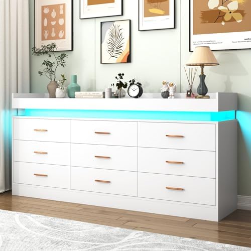 Hlivelood 9 Drawer Dresser with LED Light and Charging Station, Modern Chest of Drawers for Closet, Wide Drawer Organizer Cabinet for Bedroom, Living Room, Entryway, Hallway(9 Drawer White) by Hlivelood