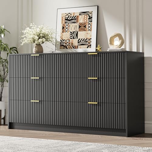 MAISONARIA Black 6 Drawer Dresser for Bedroom, 55" Wide Modern Chest of Drawers with Gold Metal Handles, Fluted Wood TV Stand for Living Room, Hallway by MAISONARIA