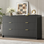 MAISONARIA Black 6 Drawer Dresser for Bedroom, 55" Wide Modern Chest of Drawers with Gold Metal Handles, Fluted Wood TV Stand for Living Room, Hallway by MAISONARIA