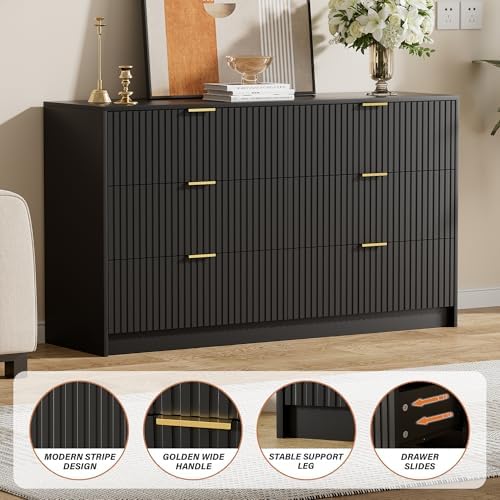 Furniway Black Dresser for Bedroom, Modern Dresser with 6 Drawers and Smooth Slides, Wide Chest of Drawers with Golden Handles for Bedroom, Living Room, Closet, 15.7" D x 55.1" W x 31.4" H - Image 3