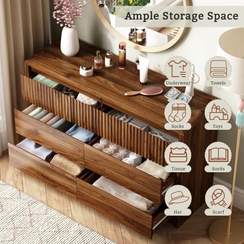 LYNSOM Walnut Fluted 6 Drawer Dresser for Bedroom, Curved Edge, 50" Wide - Image 4
