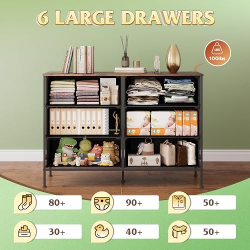 WLIVE Dresser for Bedroom with 6 Fabric Drawers, Black and Rustic Brown - Image 5