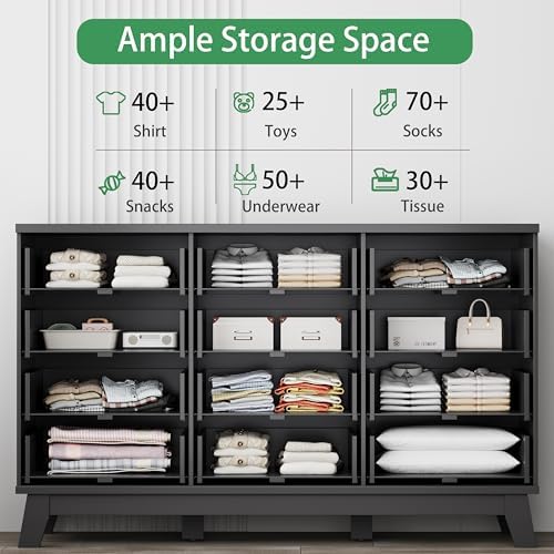 Xixini Fluted Dresser for Bedroom with 12 Drawers, 57" Wide Modern Chest of Drawers with Metal Handle, Wooden Dresser TV Stand, Wood Closet Clothes Storage Organizer for Living Room, Hallway, Black - Image 3