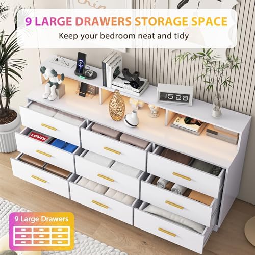 knoworld White 9 Drawer Dressers for Bedroom, Modern Large Dresser with LED Light and Power Outlet, Wooden Long Dresser, Triple Dressers for Bedroom, Entryway, Hallway - Image 3