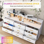 knoworld White 9 Drawer Dressers for Bedroom, Modern Large Dresser with LED Light and Power Outlet, Wooden Long Dresser, Triple Dressers for Bedroom, Entryway, Hallway - Image 3